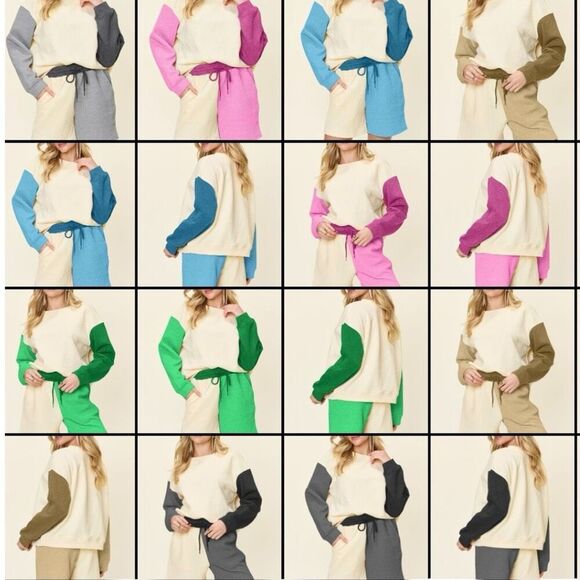 Blue Contrast Color Block Drop Shoulder Long Sleeve Top & Shorts Lounge Set NWT - Picture 11 of 13